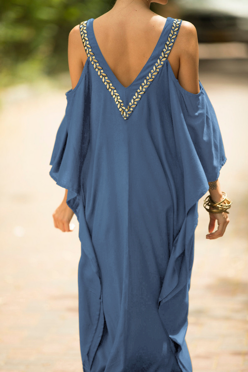 detalhe da parte de trás do vestido longo soltinho gola v gales azul