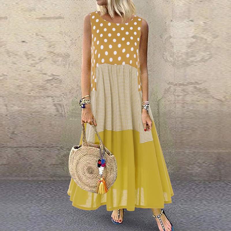 Vestido Longo Venice Verão Floral Maxi Casual amarelo com bolinhas brancas