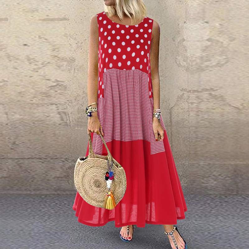 Vestido Longo Venice Verão Floral Maxi Casual vermelho com bolinhas brancas