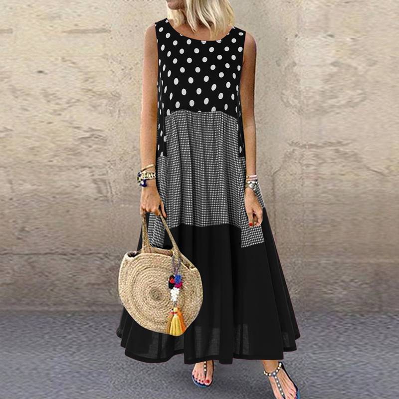 Vestido Longo Venice Verão Floral Maxi Casual preto e branco