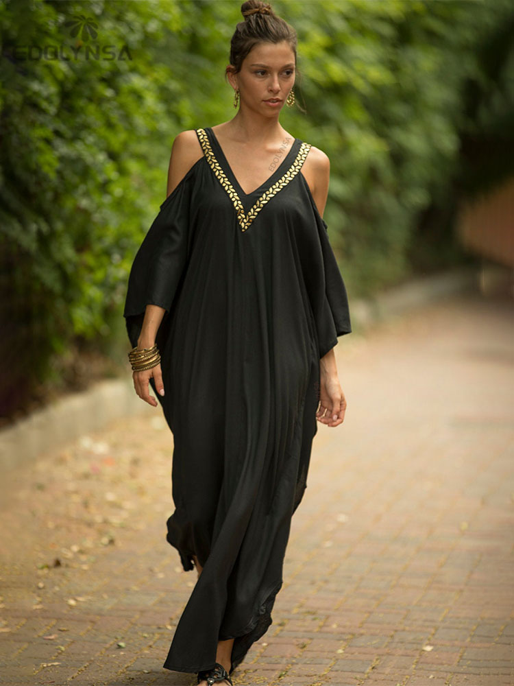 vestido longo soltinho gola v gales preto