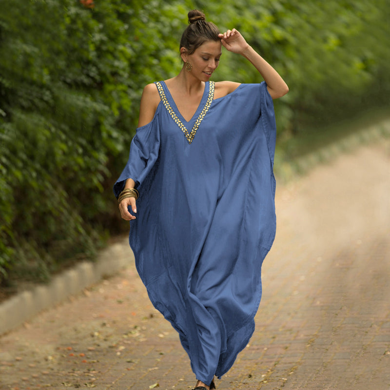 vestido longo soltinho gola v gales azul