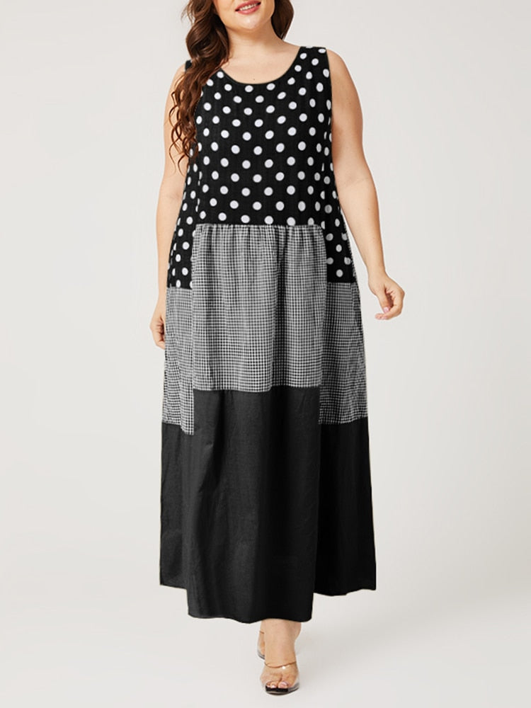 Vestido Longo Venice Verão Floral Maxi Casual preto com bolinhas brancas