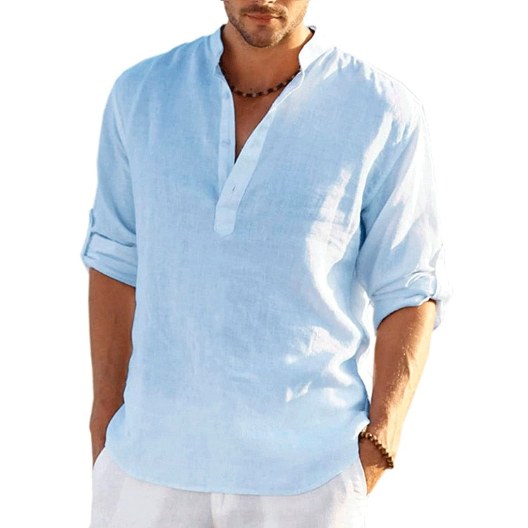 camisa masculina gola v manga longa algodao gold coast azul claro