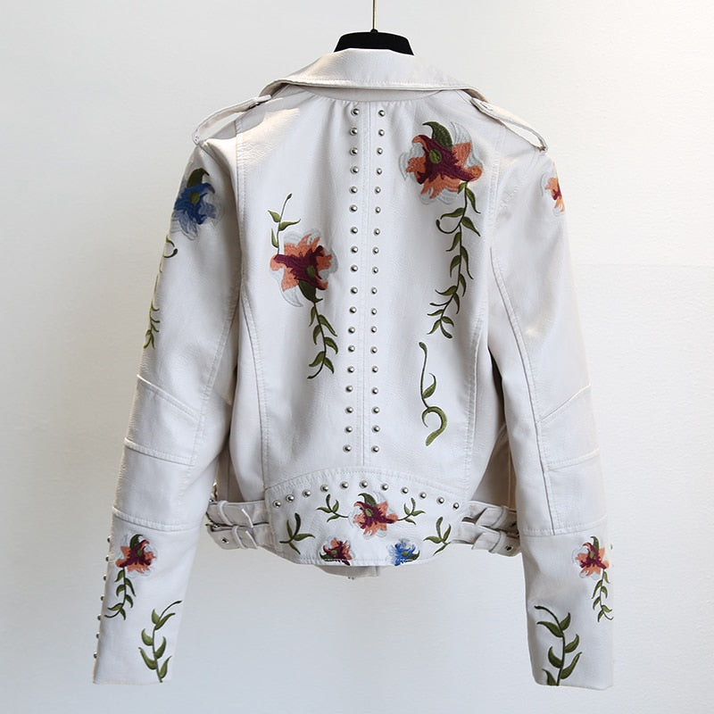 parte de trás jaqueta de couro feminina faux floral com bordados branca