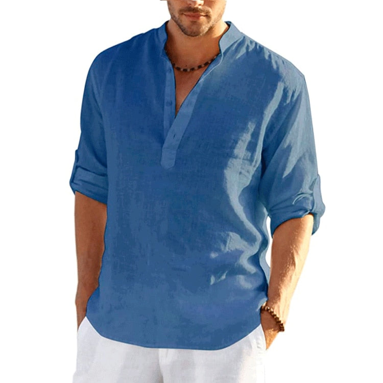 camisa masculina gola v manga longa algodao gold coast azul