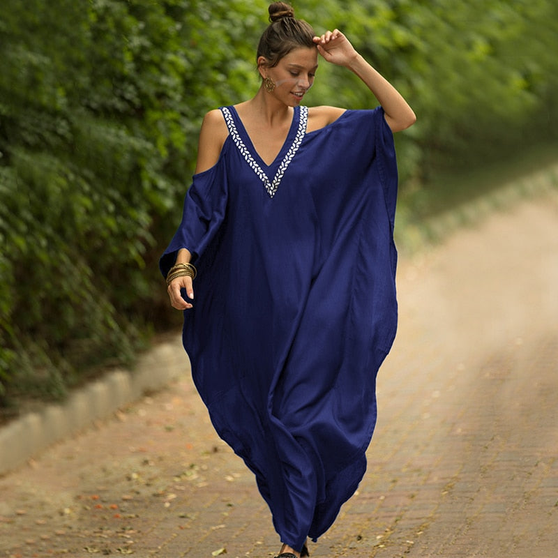 vestido longo soltinho gola v gales azul