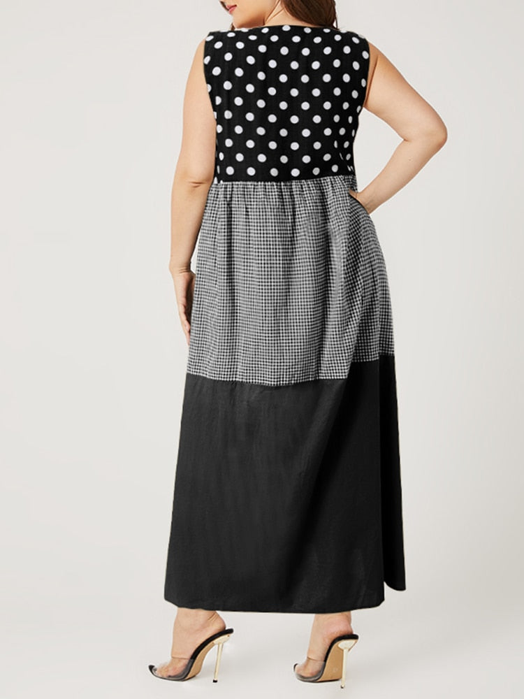 Vestido Longo Venice Verão Floral Maxi Casual preto com bolas brancas