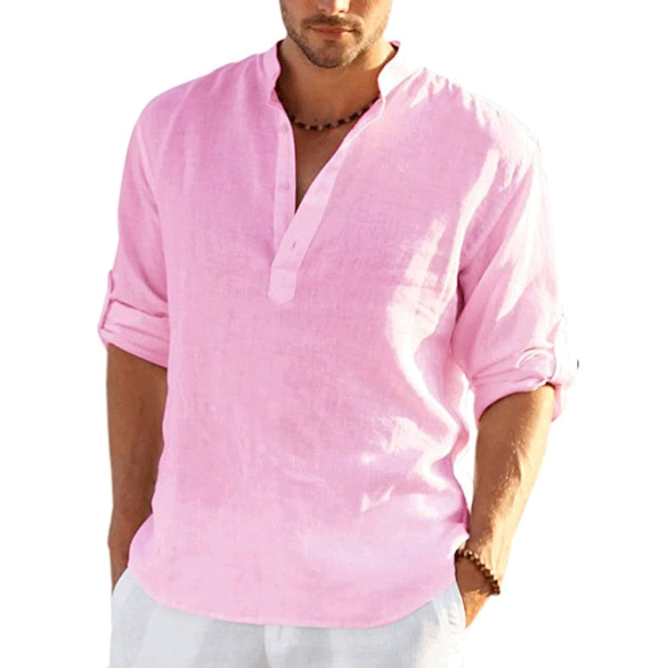camisa masculina gola v manga longa algodao gold coast rosa