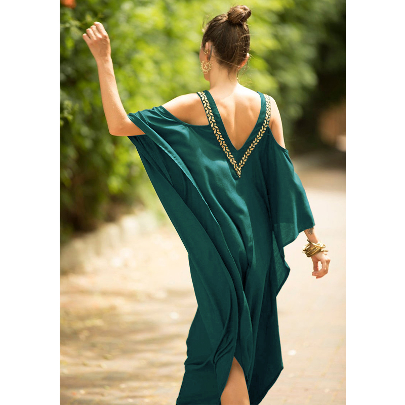 parte de trás do vestido longo soltinho gola v gales verde