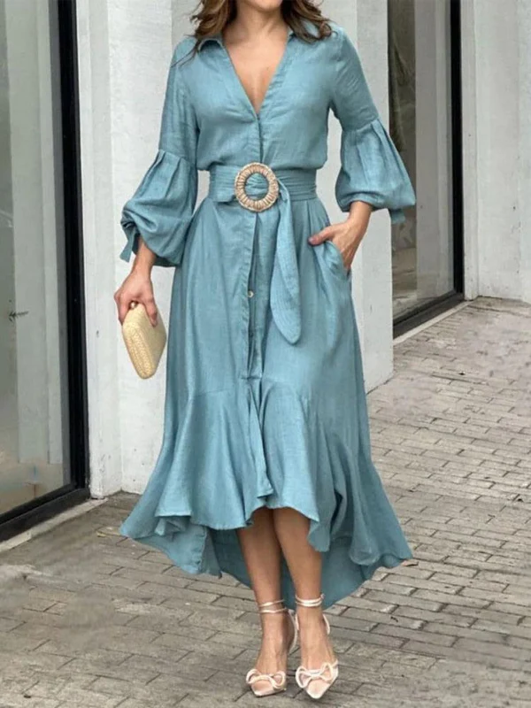 Vestido Kourtney™ com Mangas em Lapela e Saia com Babado!
