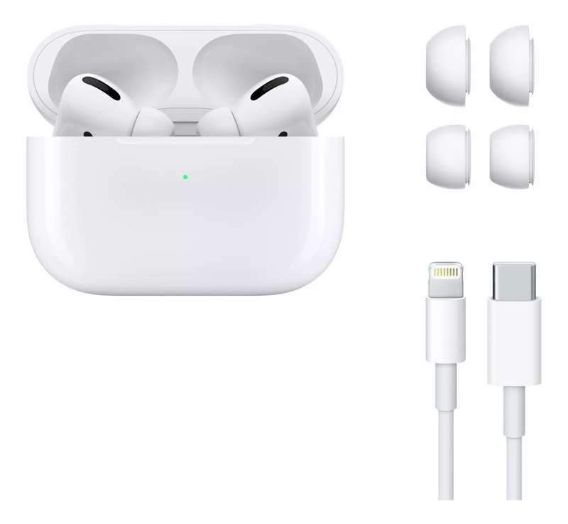 AirPods Pro Apple com estojo de recarga MagSafe, cabo lighting e almoçadas extras